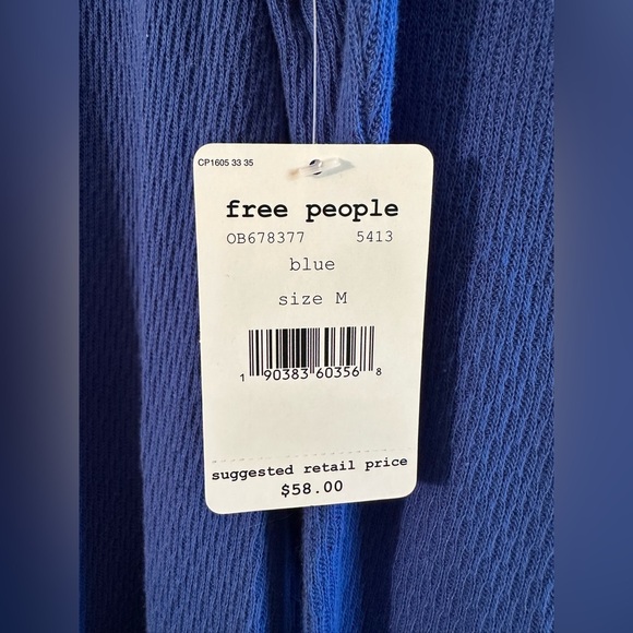 FREE PEOPLE Medium Tattooed Heart Puff Sleeve Mock Neck Royal Blue Cotton Rich - Picture 4 of 10